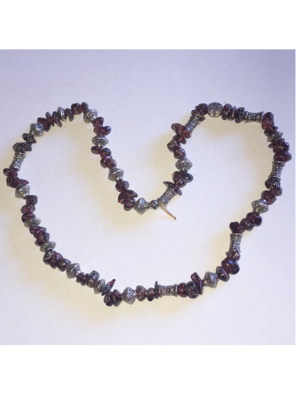 Elegant Silver Tone and Dark Red Purple Semi Precious Beaded Boho Necklace